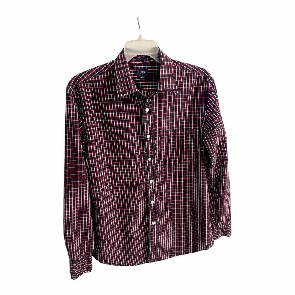 J. Crew Slim Button-Up Shirt Men's Size L Navy Red Long Sleeve Plaid Cotton